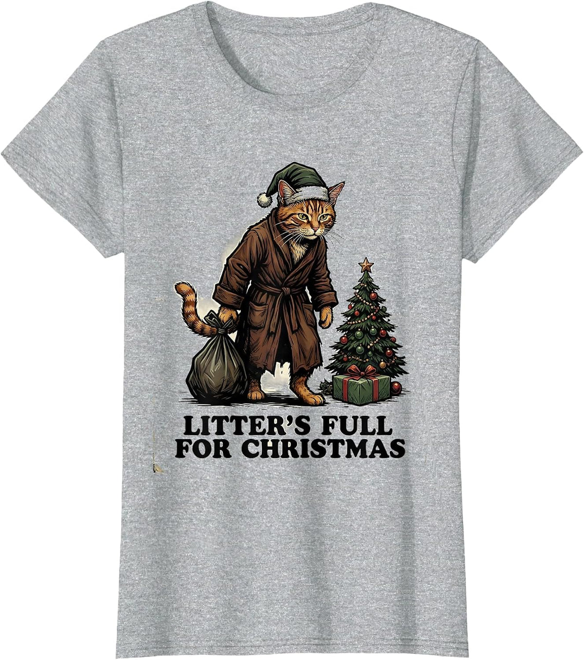 Litter's Full For Christmas Funny Cat Lover Vintage T-Shirt - Heather Grey