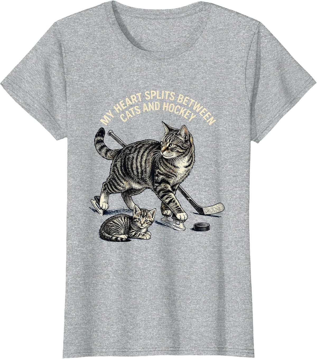 My Heart Splits Between Cats And Hockey Cat Lover T-Shirt - Heather Grey