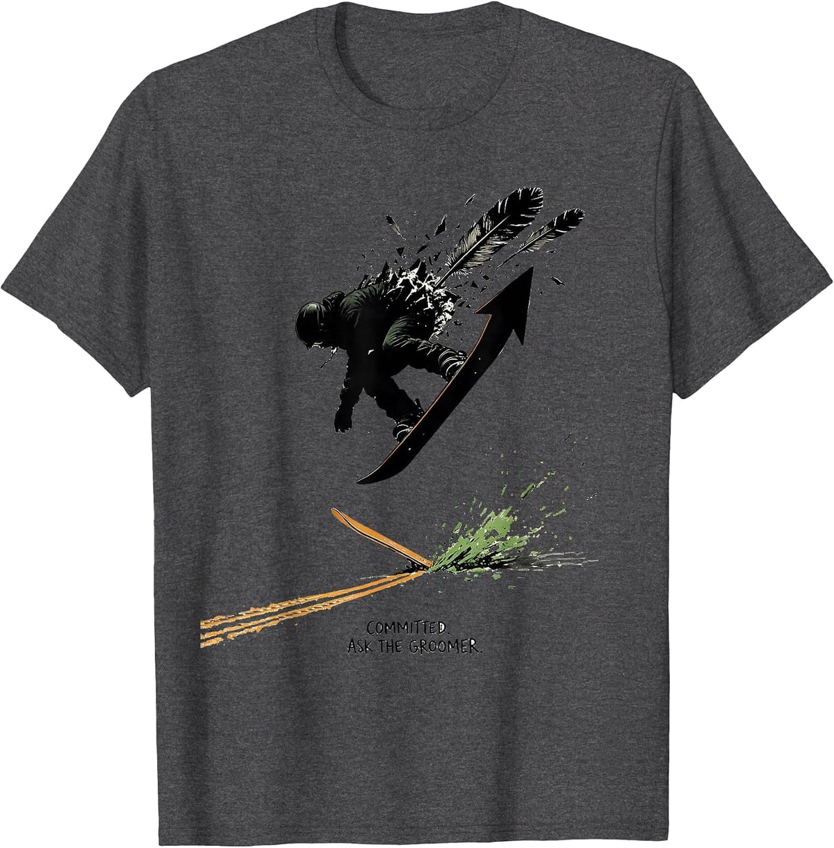 Men's Committed Ask The Groomer Funny Snowboarder Gift T-Shirt - Dark Heather Grey