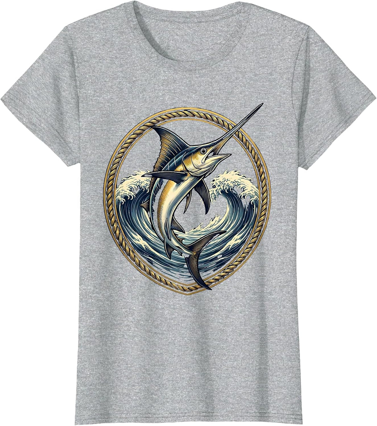 Swordfish Splitting Ocean Wave Graphic T-Shirt - Heather Grey
