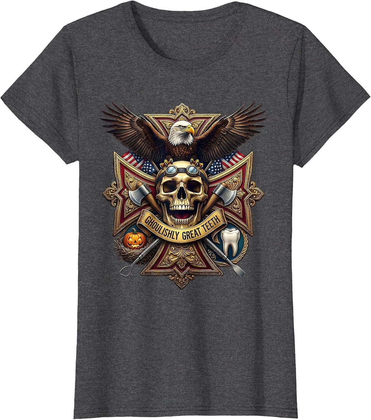 Women's Halloween Dental Ghoulishly Great Teeth Design T-Shirt - Dark Heather Grey