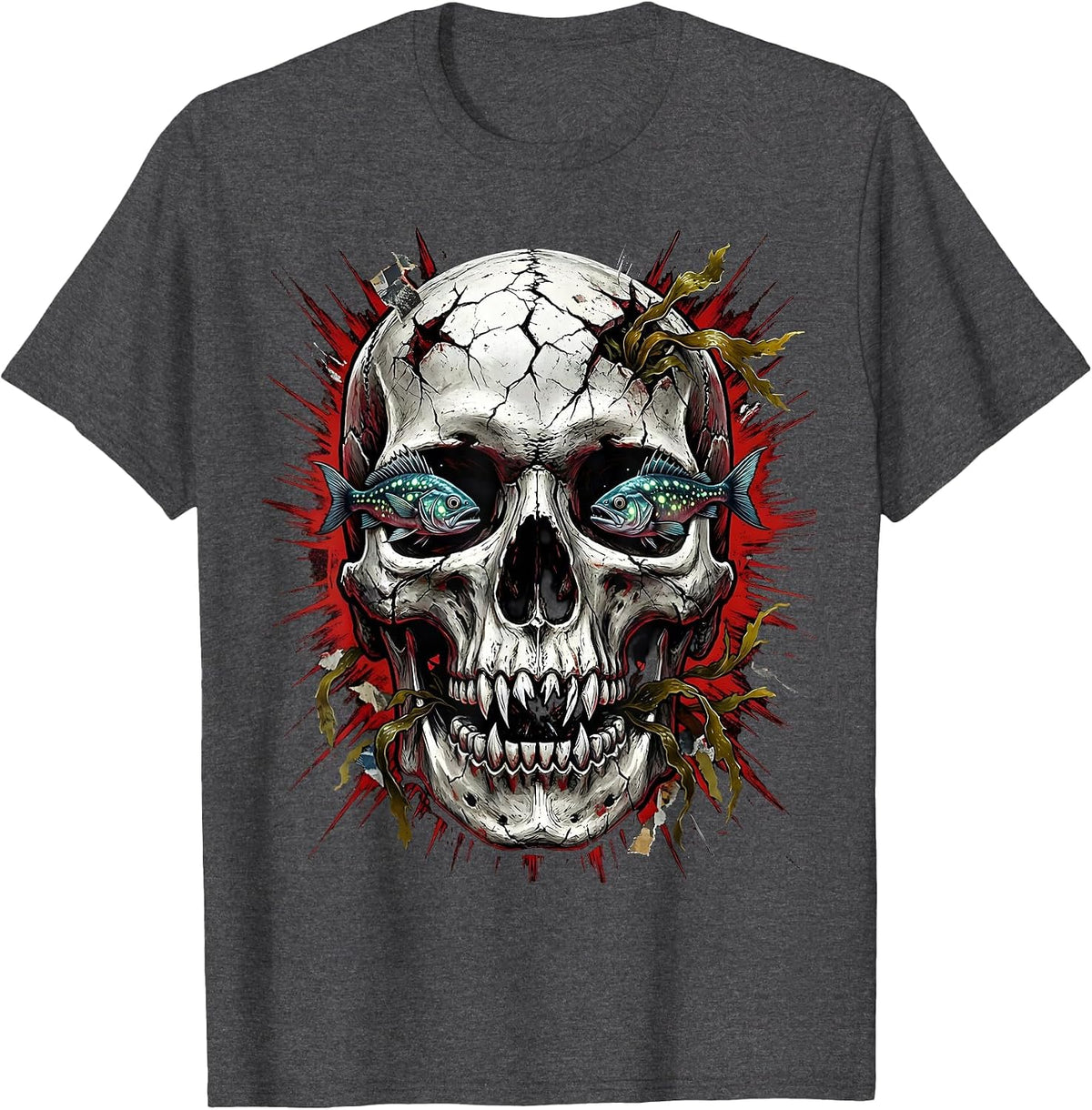 Men's Deep Ocean Skull Halloween Graphic Tee T-Shirt - Dark Heather Grey