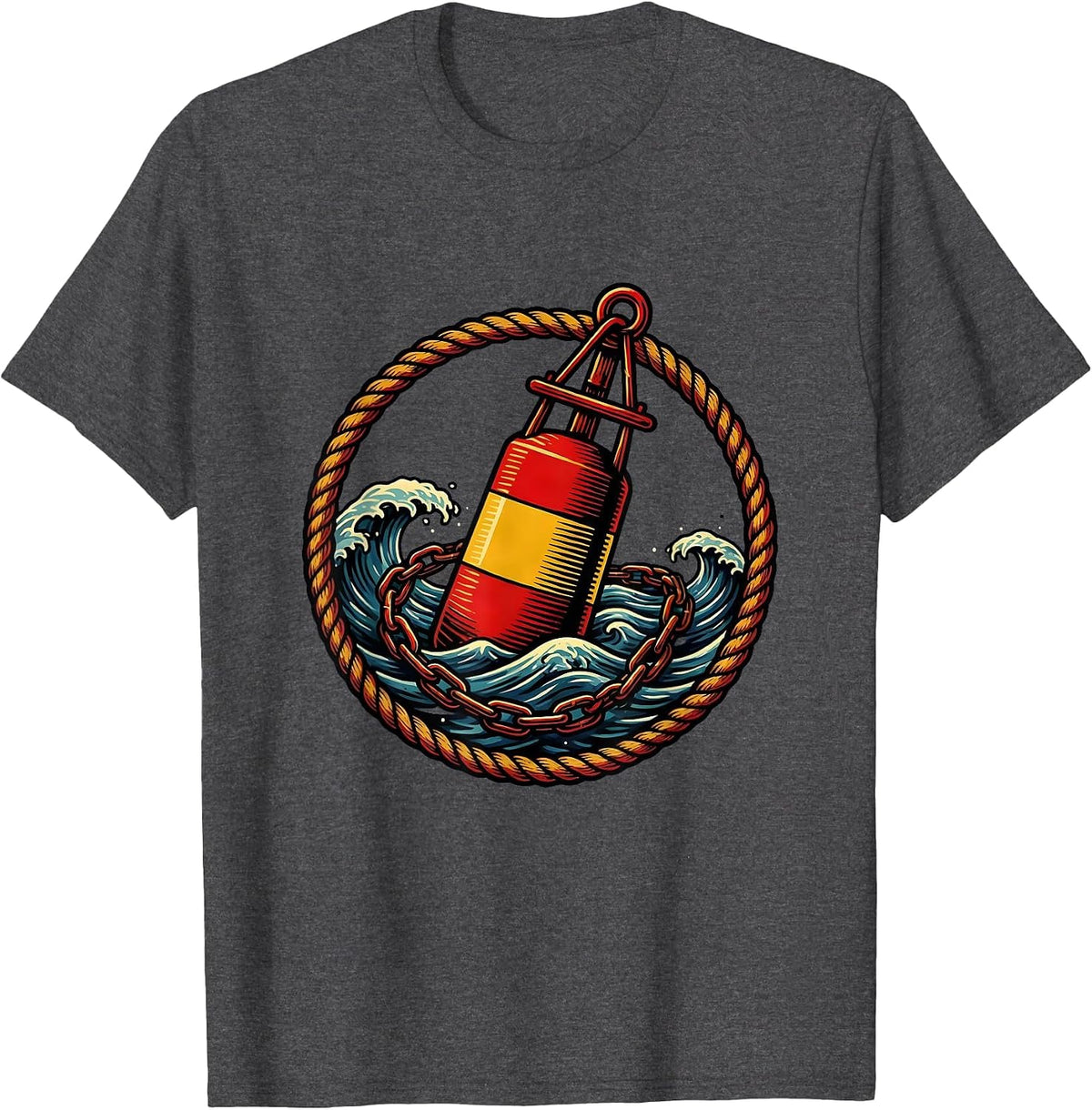 Men's Lone Buoy Ocean Illustration Navy Graphic T-Shirt - Dark Heather Grey
