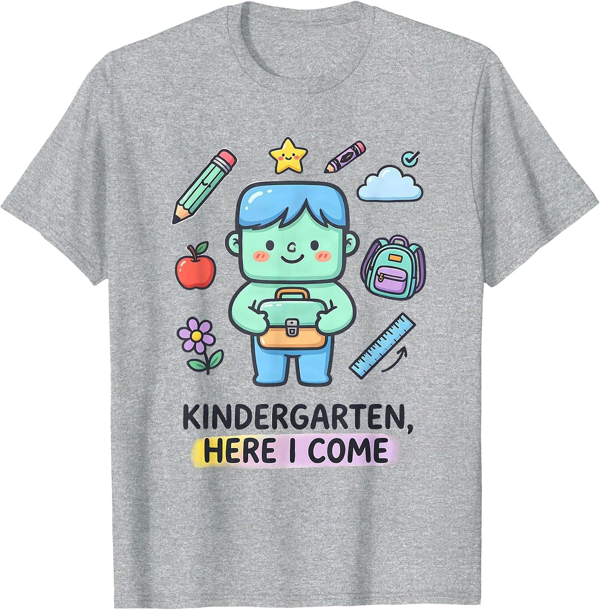 Men's Kindergarten, Here I Come Kawaii Doodle Teacher Back to T-Shirt - Heather Grey