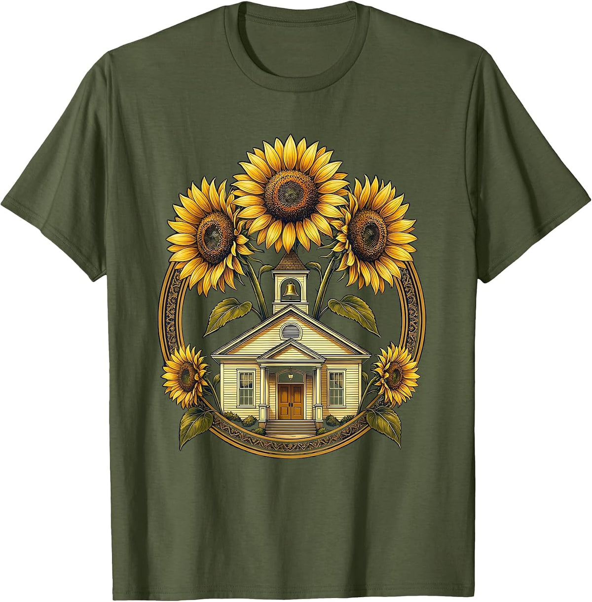 First Grade Teacher Schoolhouse Sunflower Design T-Shirt - Olive Green