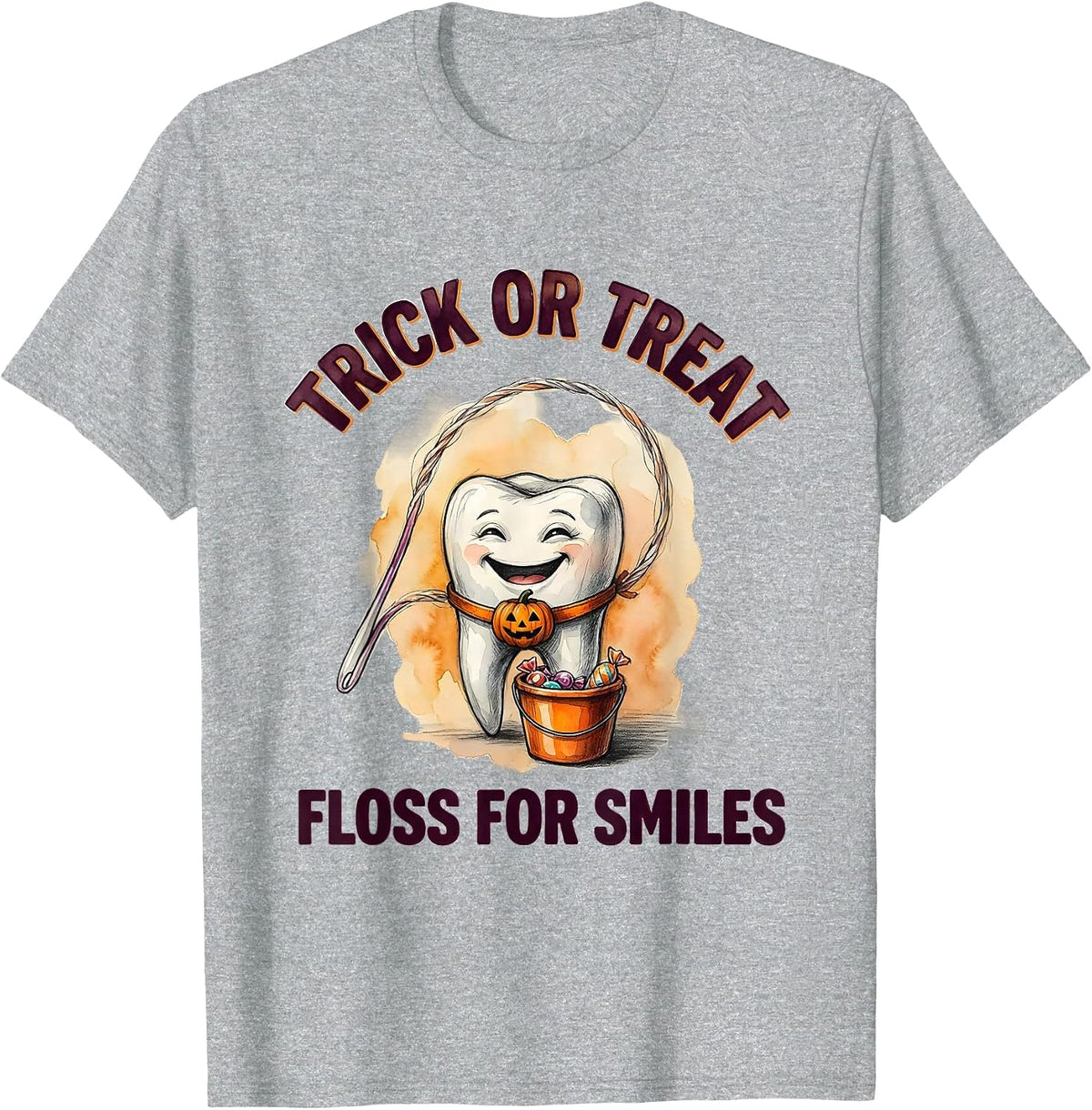 Men's Trick Or Treat Floss For Smiles Watercolor Dental Humor T-Shirt - Heather Grey