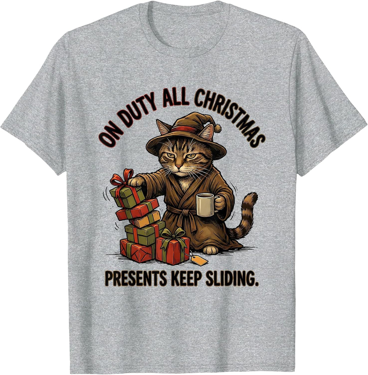 Men's On Duty All Christmas Presents Keep Sliding Funny Cat Lover T-Shirt - Heather Grey
