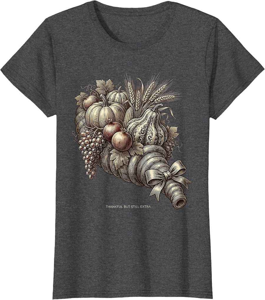 Women's Thankful But Still Extra Funny Thanksgiving Design T-Shirt - Dark Heather Grey