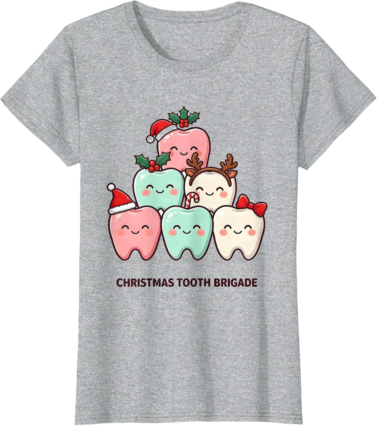 Women's Christmas Tooth Brigade Cute Kawaii Dental Team Christmas T-Shirt - Heather Grey