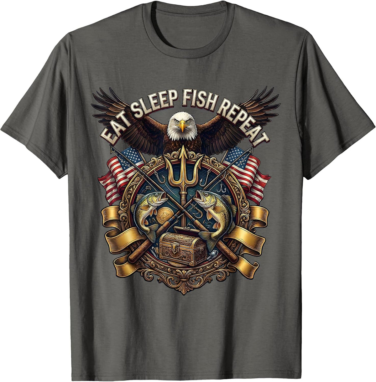 Eat Sleep Fish Repeat Fishing Graphic Design T-Shirt - Asphalt Grey