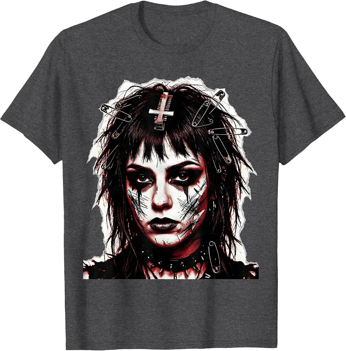 Emo Girl Upside-Down Cross Hair Clip Graphic T-Shirt - Dark Heather Grey