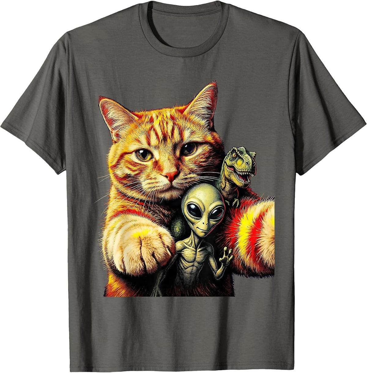 Oversized Cat Selfie Alien Dinosaur Pulp Cover Novelty T-Shirt - Asphalt Grey
