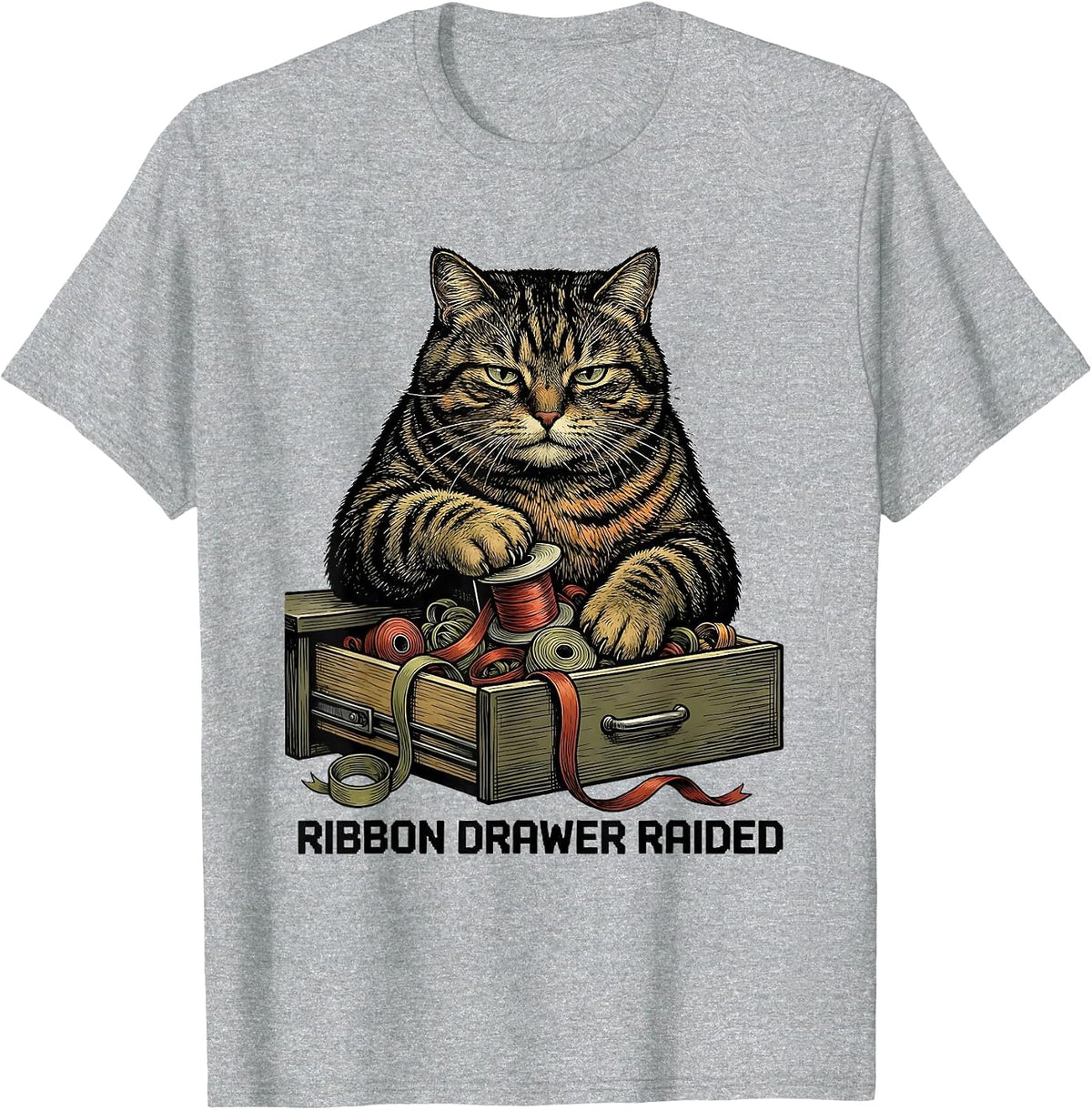 Men's Ribbon Drawer Raided Funny Cat Lover Grumpy Christmas Humor T-Shirt - Heather Grey