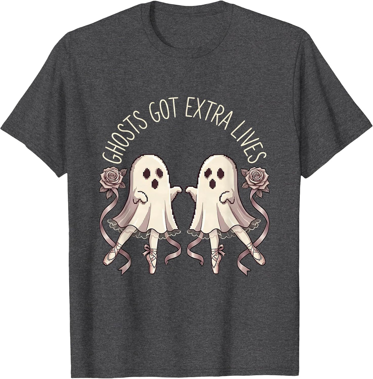 Halloween Ghost Pixel Art Retro Game Design T-Shirt - Dark Heather Grey