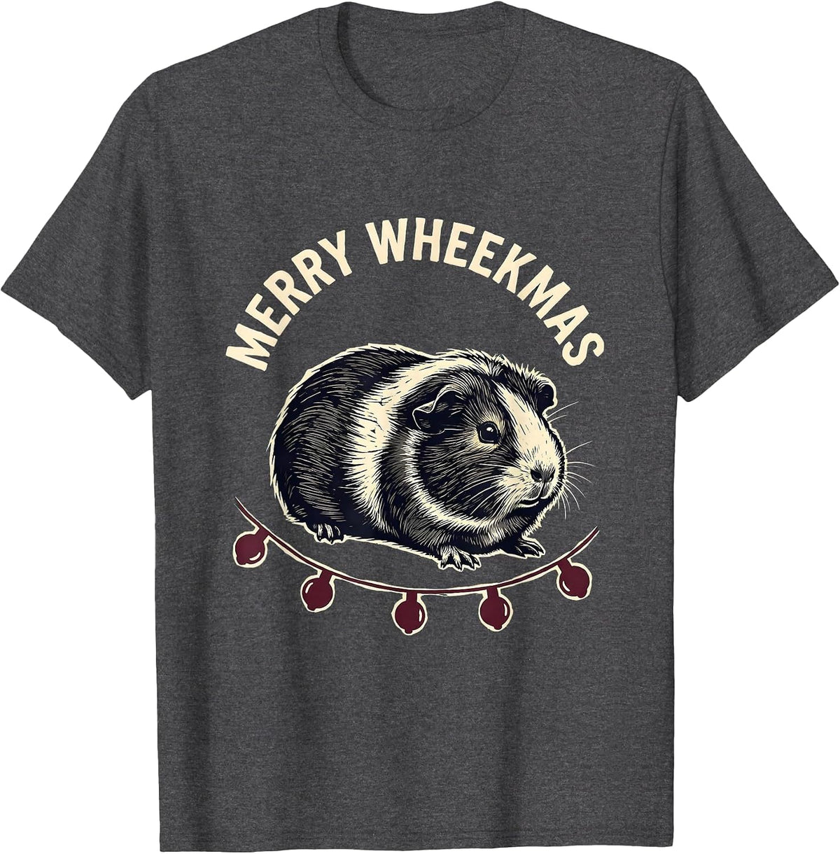 Merry Wheekmas Linocut Guinea Pig Christmas Pet Lover Humor T-Shirt - Dark Heather Grey