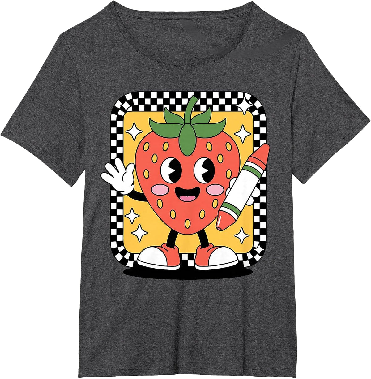 Teacher Vintage Checkered Strawberry Teaching T-Shirt - Dark Heather Grey