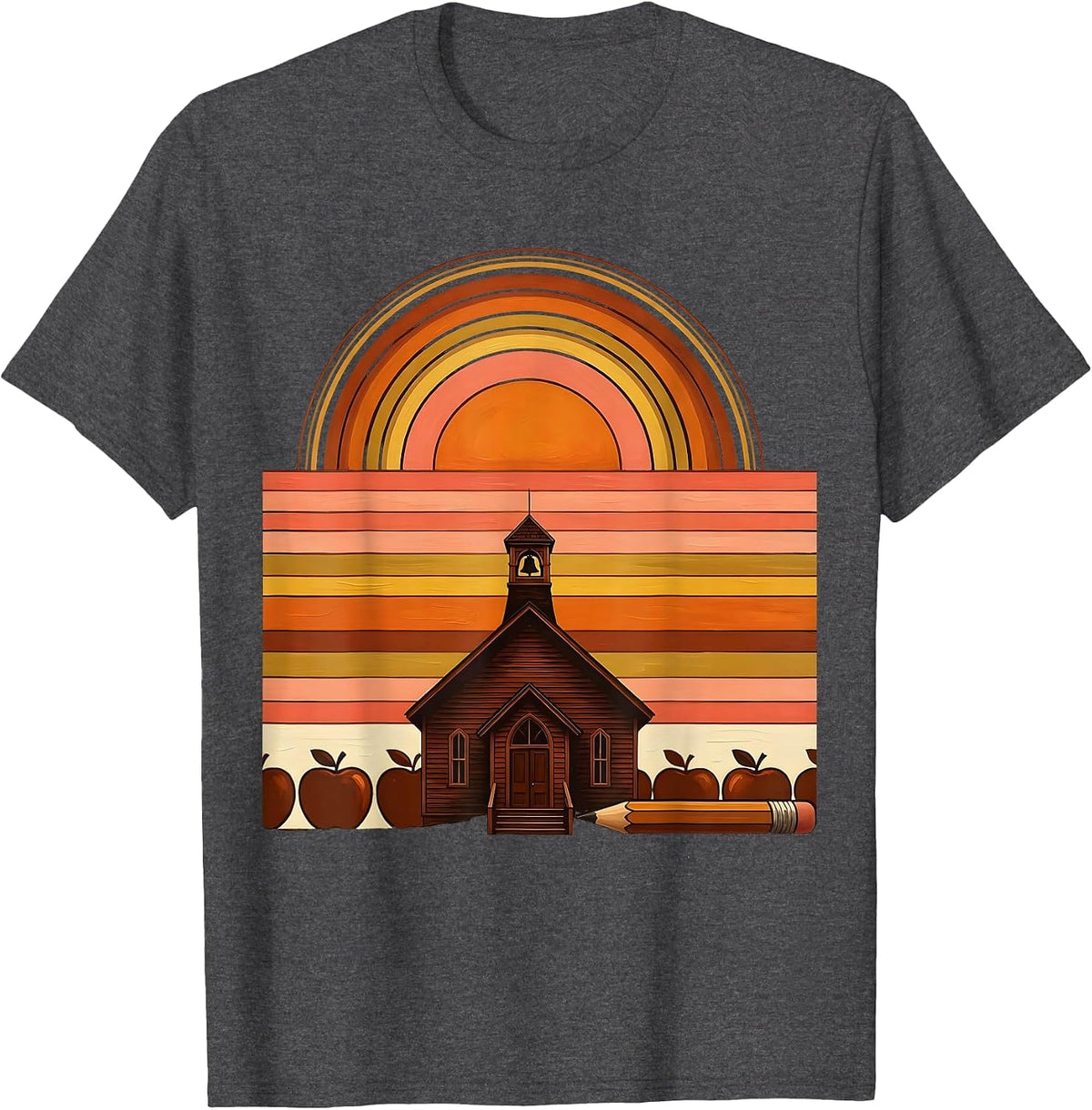 3rd Grade Teacher Schoolhouse Sunrise Graphic T-Shirt - Dark Heather Grey