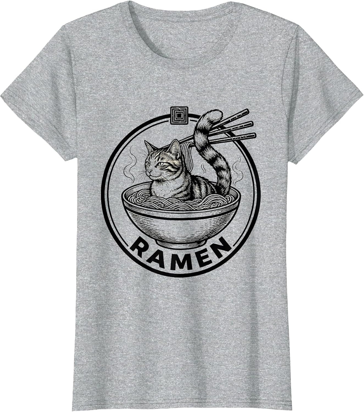 Ramen Cat Badge Kawaii Anime Funny Graphic T-Shirt - Heather Grey