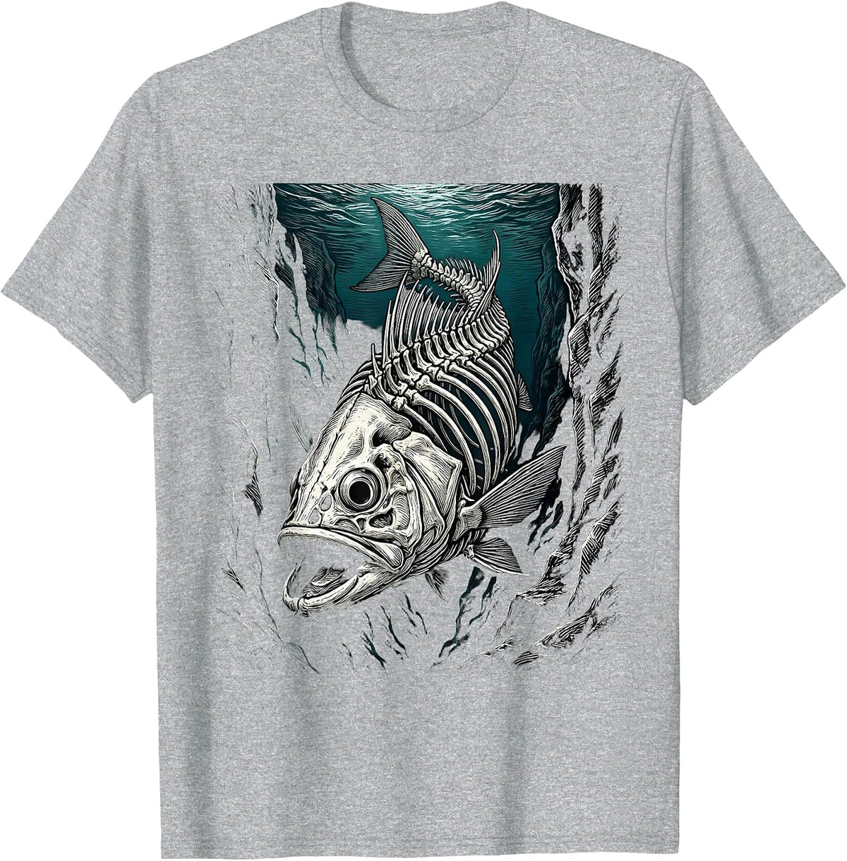 Men's Skeleton Fish Ocean Trench Deep Sea Illustration T-Shirt - Heather Grey