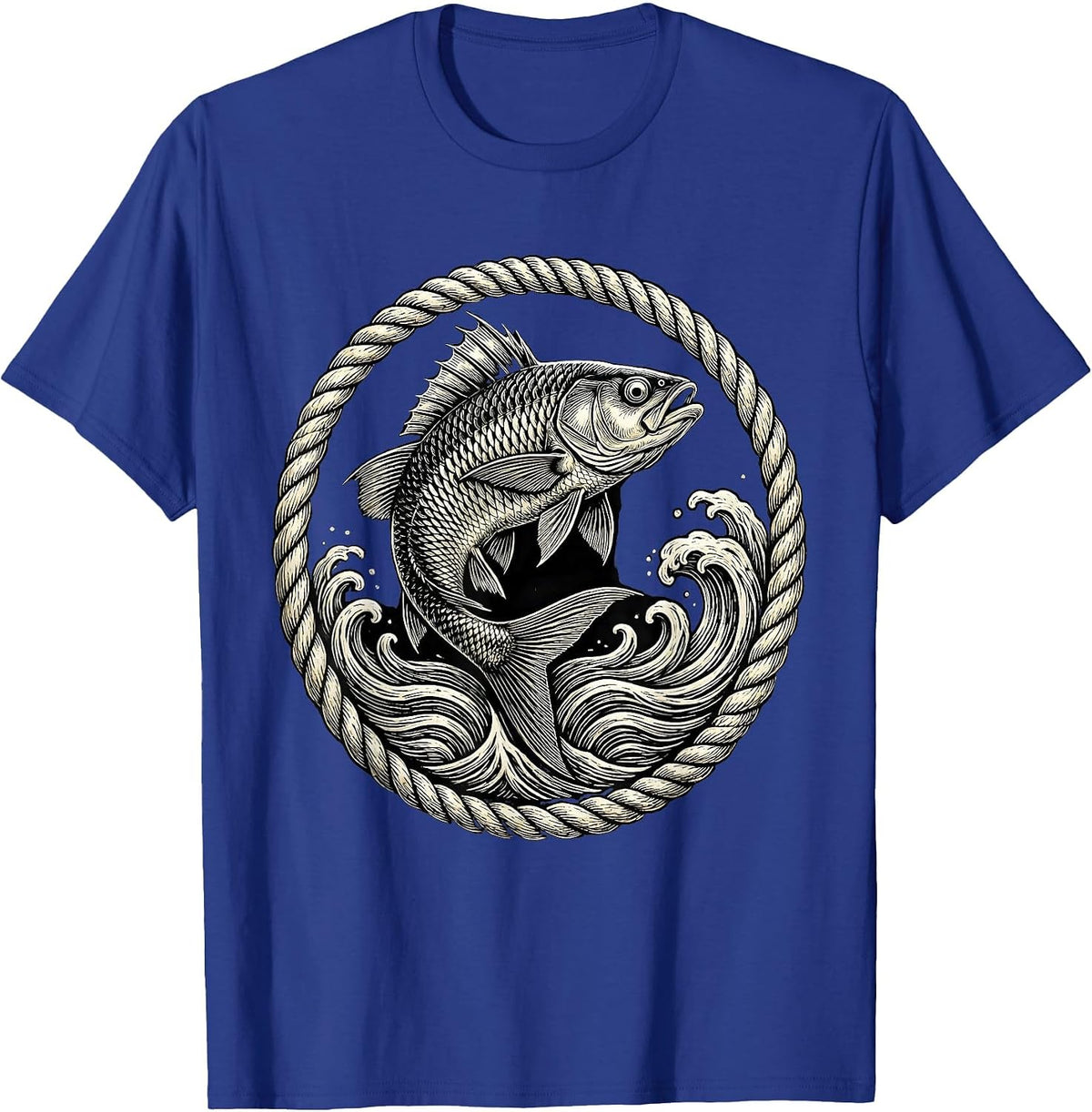 Men's Ichthus Fish Leaping Ocean Waves Christian Art T-Shirt - Royal Blue