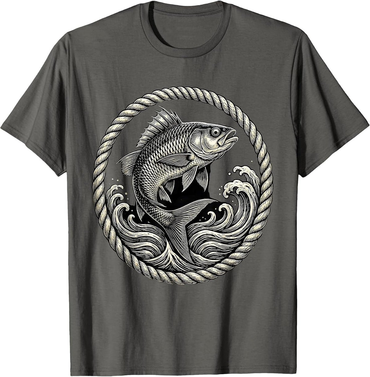 Men's Ichthus Fish Leaping Ocean Waves Christian Art T-Shirt - Asphalt Grey