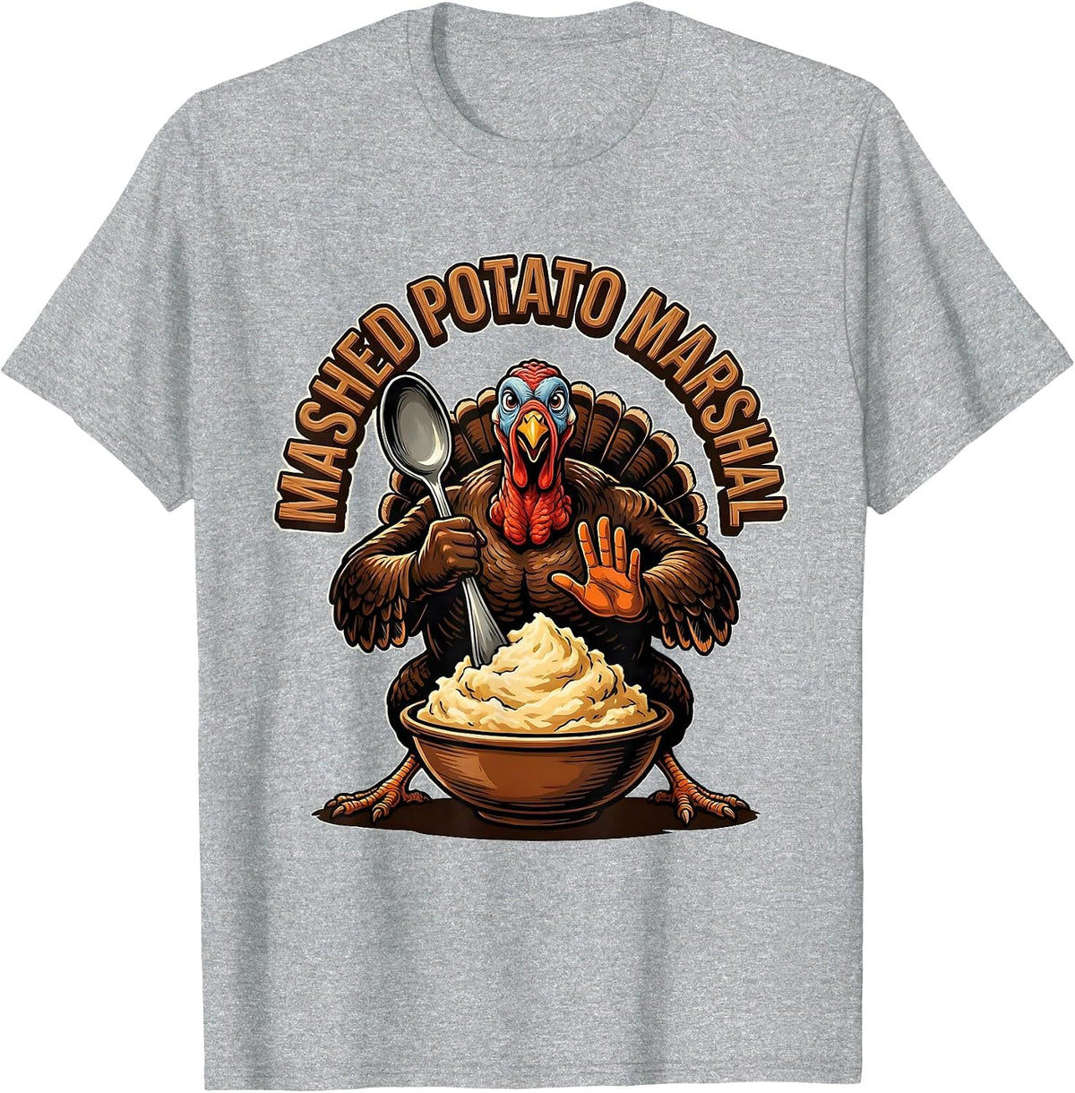 Men's Mashed Potato Marshal Funny Thanksgiving Family Crew Turkey T-Shirt - Heather Grey