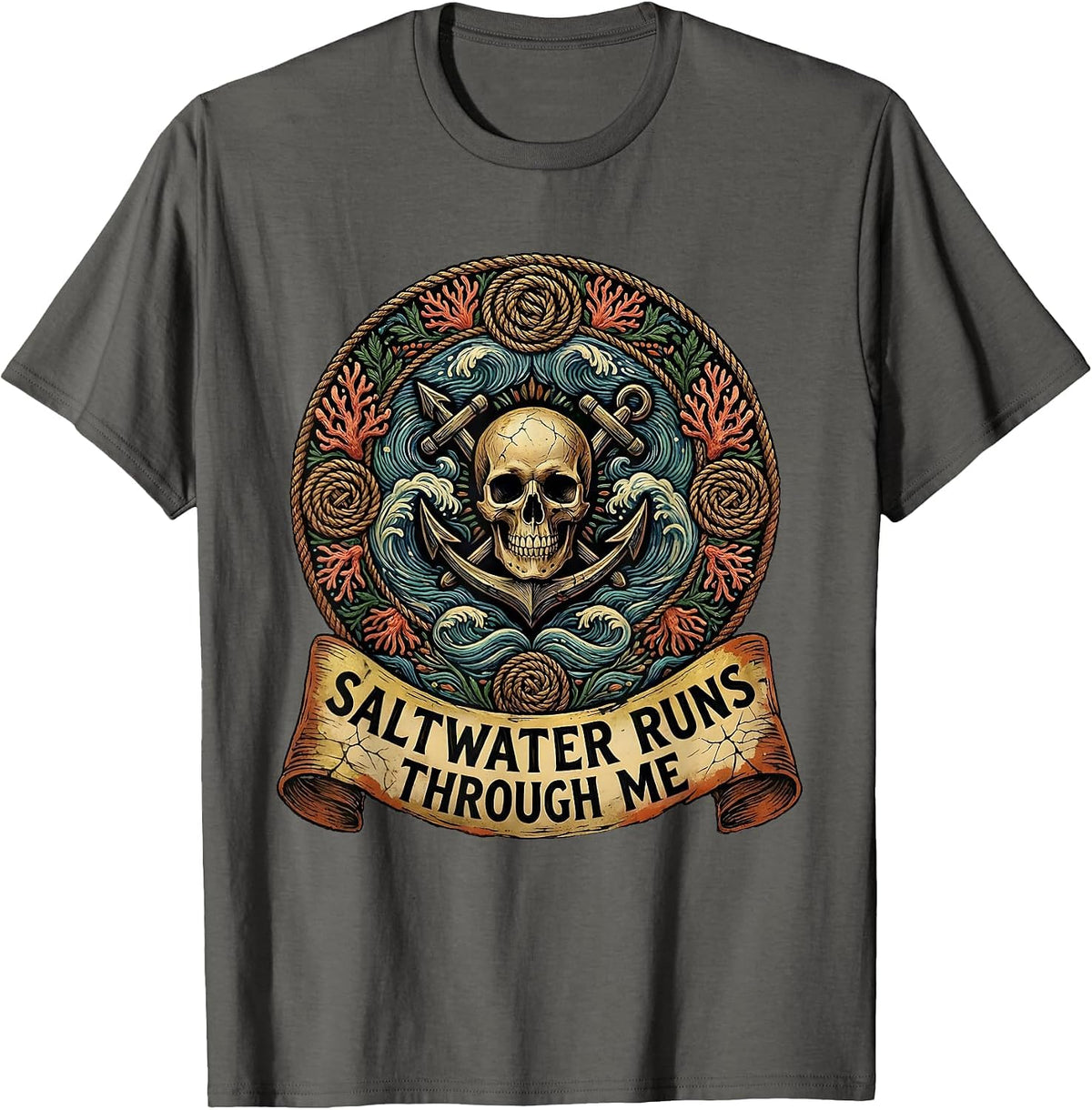 Men's Saltwater Runs Through Me Pirate Design T-Shirt - Asphalt Grey