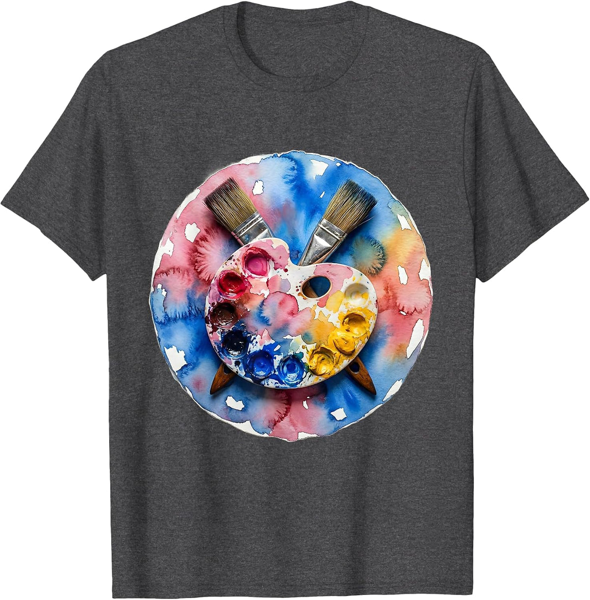 Art Teacher Paint Palette Crossed Brushes Design T-Shirt - Dark Heather Grey