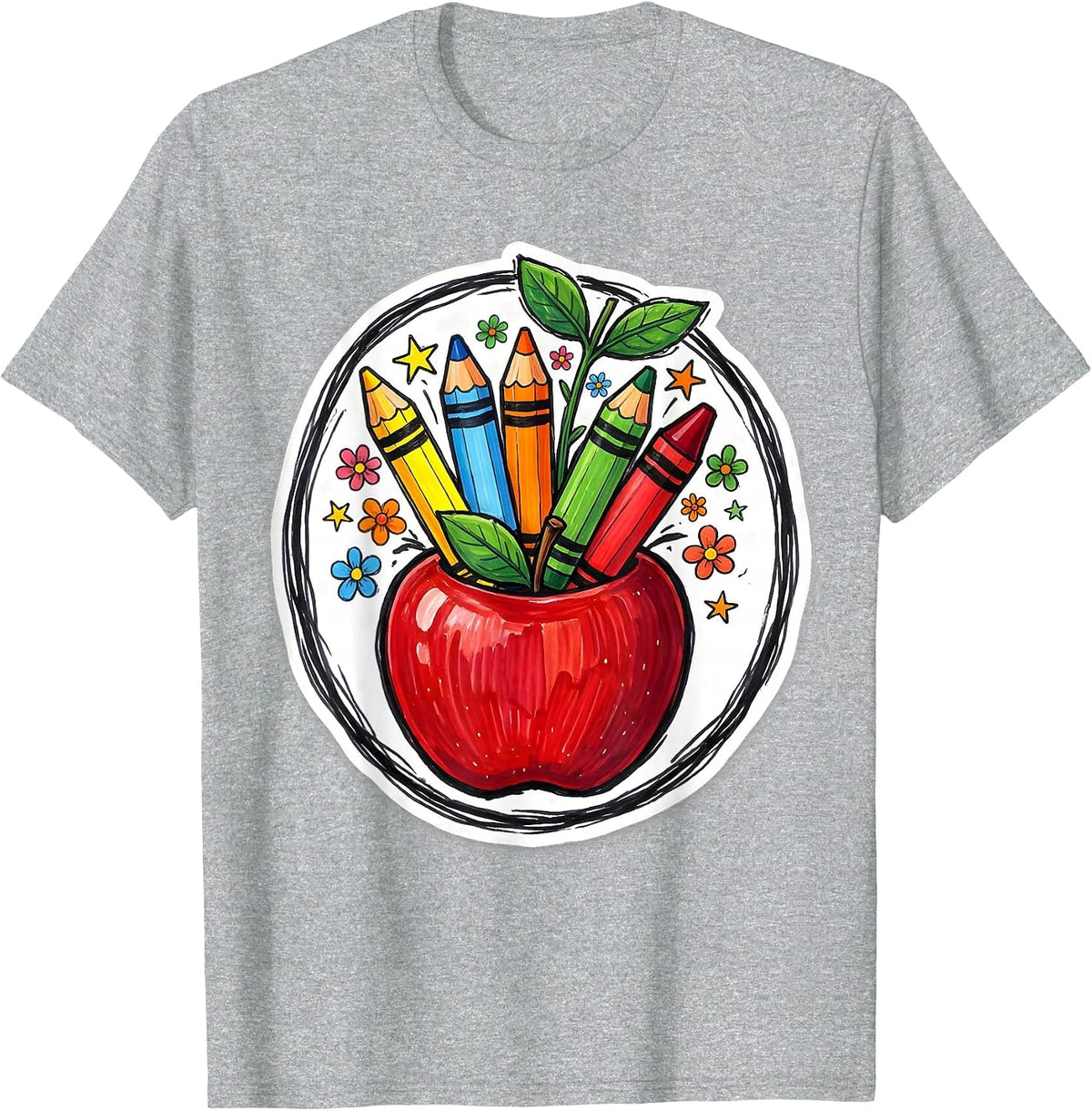Men's Kindergarten Teacher Apple Crayon Pencil Design T-Shirt - Heather Grey