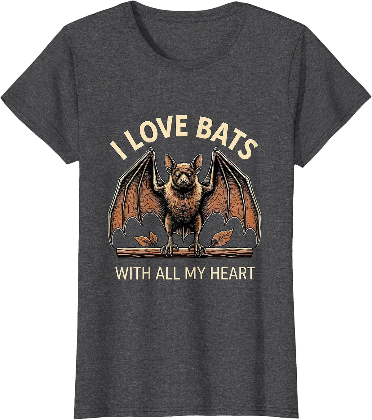 Women's I Love Bats With All My Heart Funny Bat Lover Wildlife T-Shirt - Dark Heather Grey