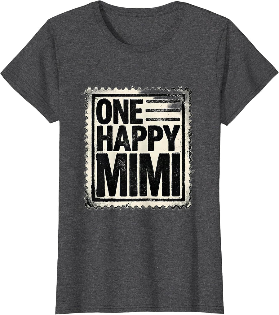 Women's One Happy Mimi Rubber Stamp First Birthday Family Matching T-Shirt - Dark Heather Grey