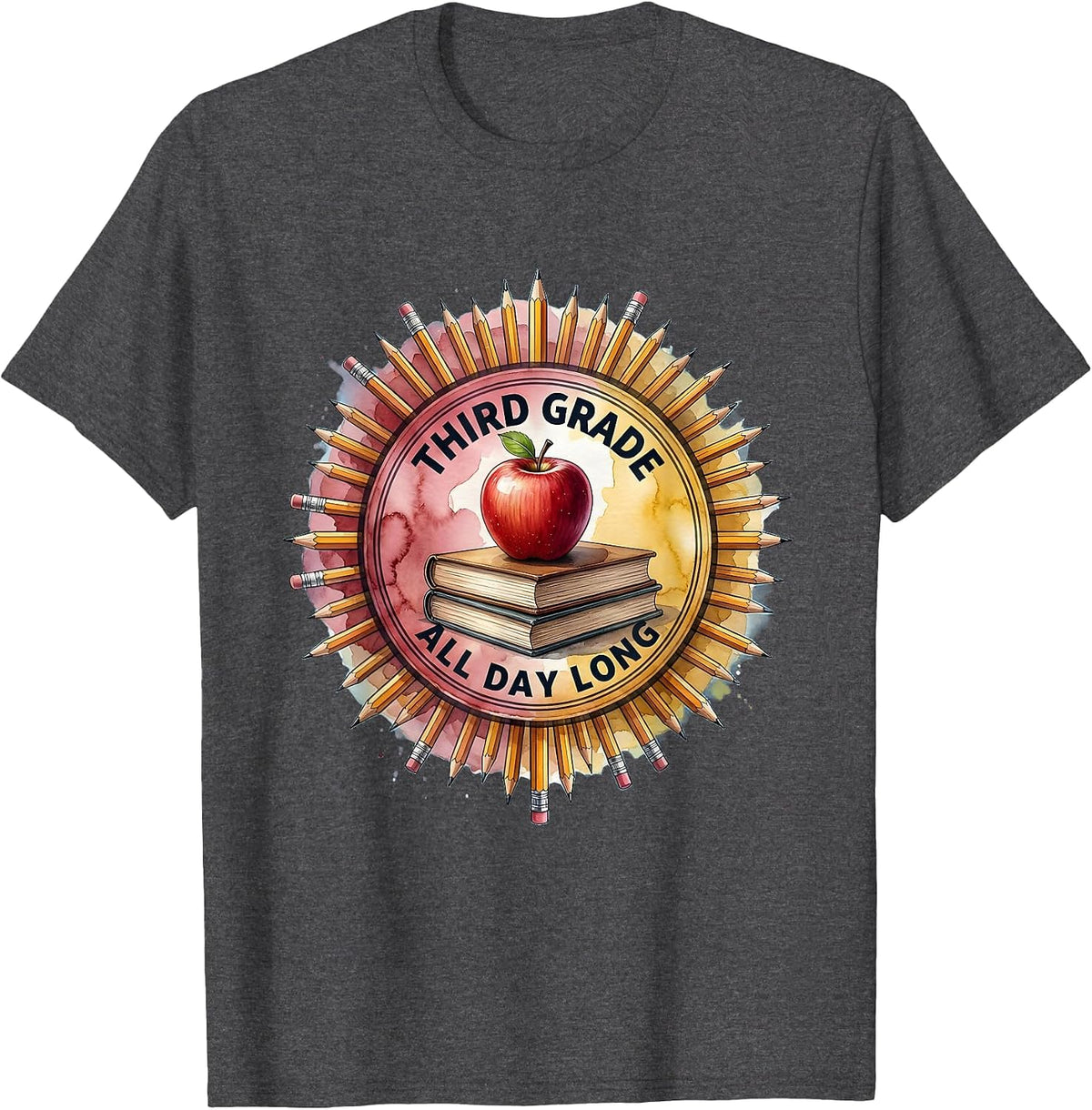 Third Grade All Day Long Teacher Design T-Shirt - Dark Heather Grey