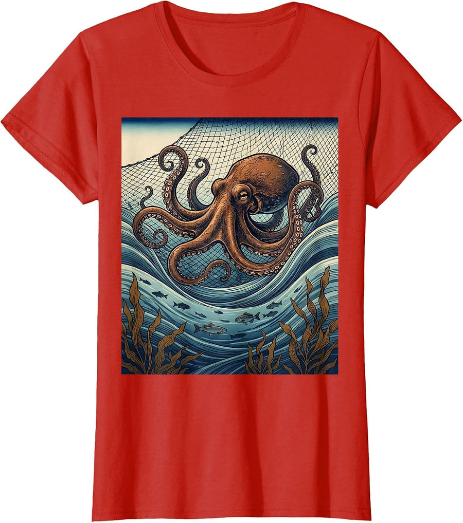 Women's Octopus Tangled in Fishing Net Underwater Art T-Shirt - Red