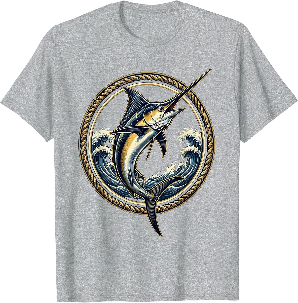 Men's Marlin Leaping Ocean Waves Hawaiian Design T-Shirt - Heather Grey