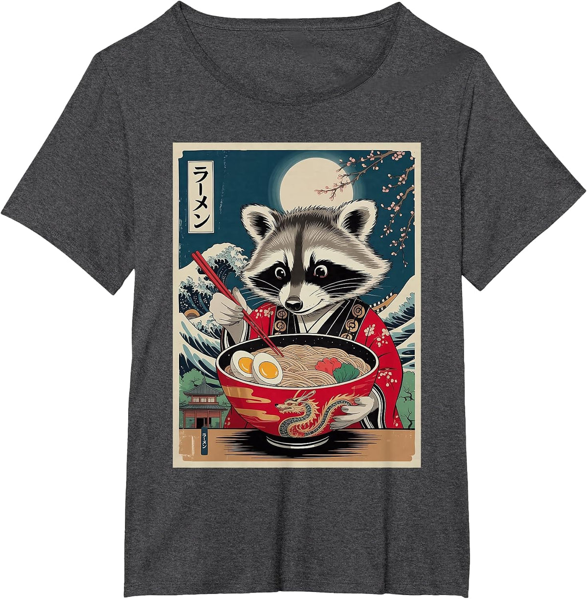 Funny Raccoon Eating Ramen Japanese Noodles Racoon Anime T-Shirt - Dark Heather Grey