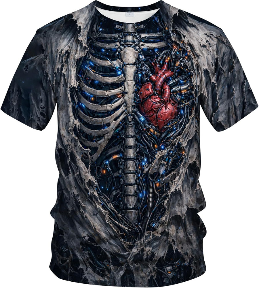 Blissboy Funny Heart and Skeleton Graphic T-Shirt Novelty Short Sleeve Crewneck Shirt - Silver