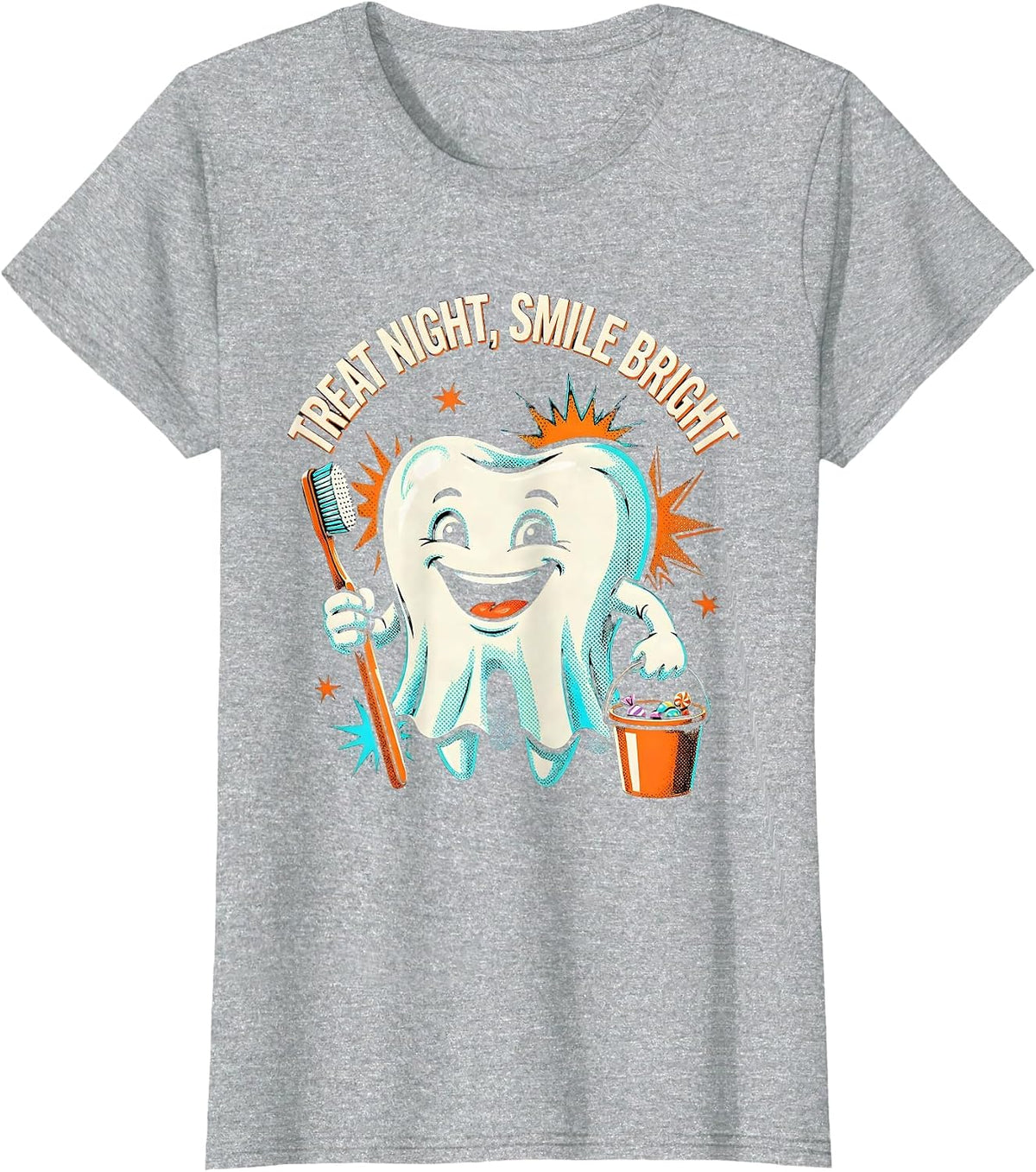 Women's Treat Night Smile Bright Pop Art Halloween Dentist Dental T-Shirt - Heather Grey