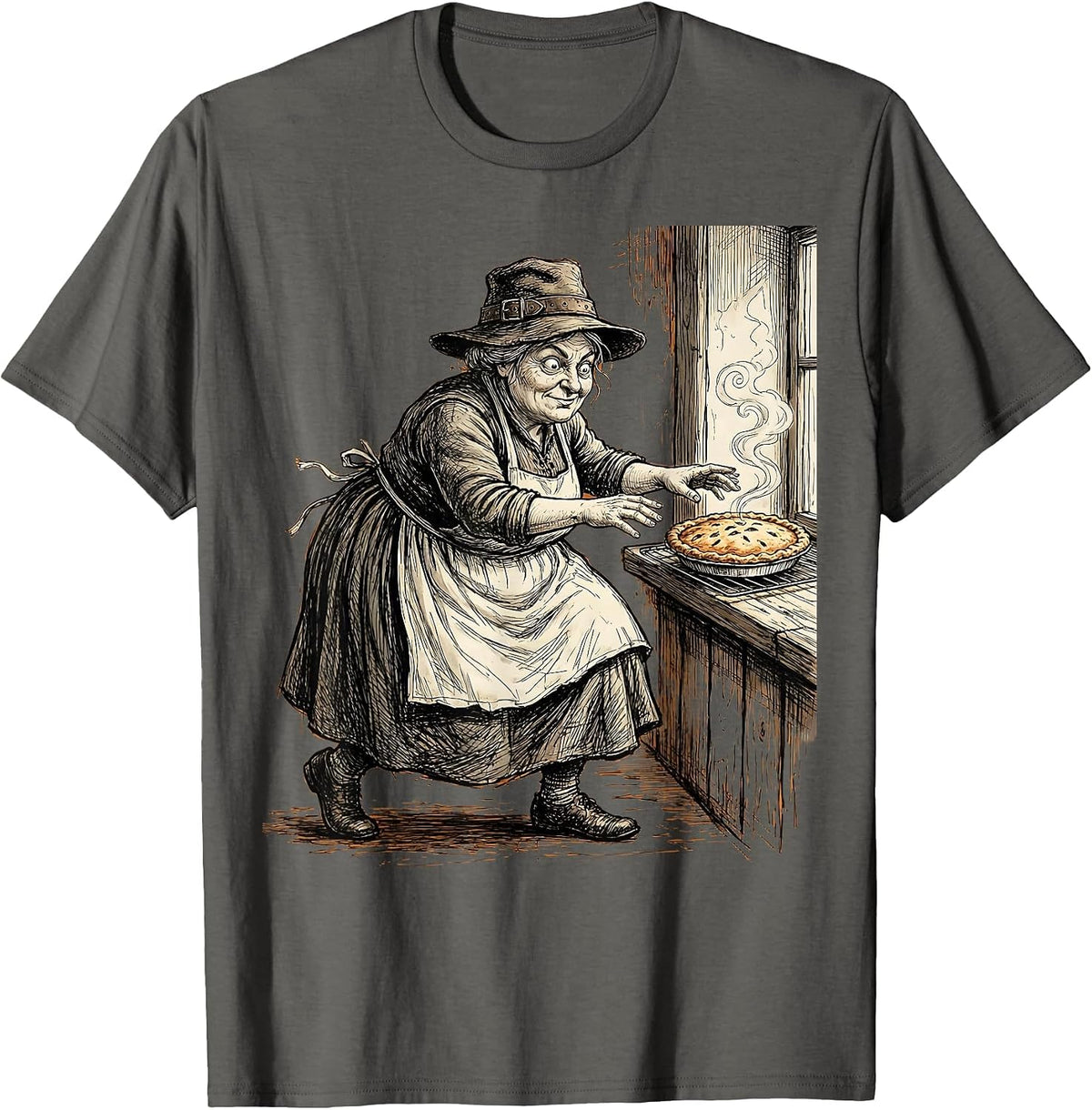 Funny Thanksgiving Pilgrim Pie Sneak Graphic T-Shirt - Asphalt Grey