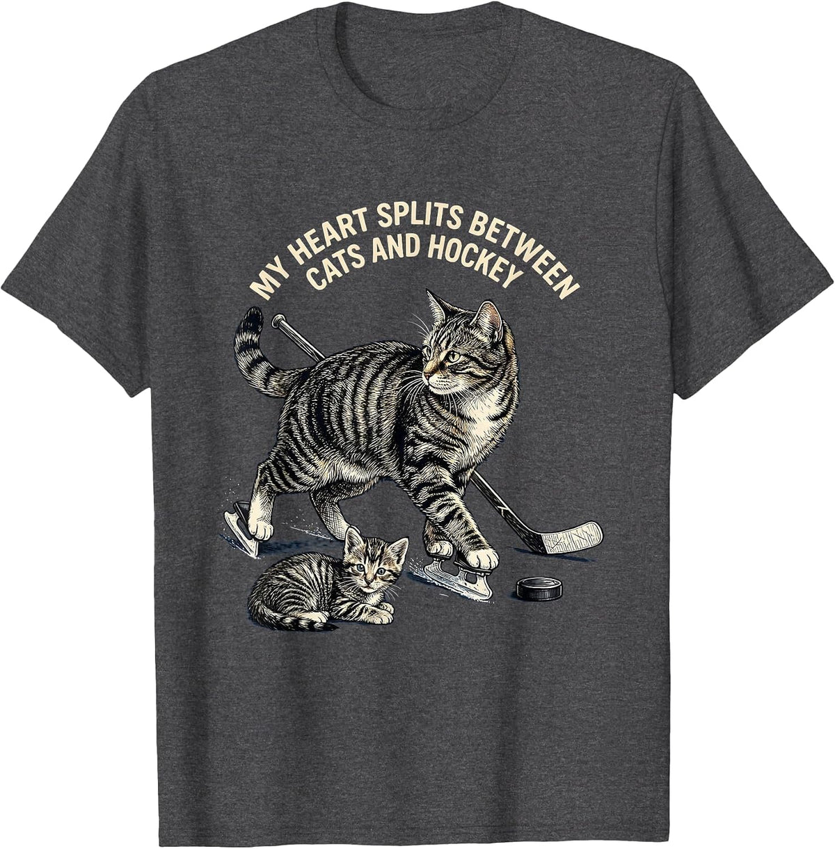 My Heart Splits Between Cats And Hockey Cat Lover T-Shirt - Dark Heather Grey