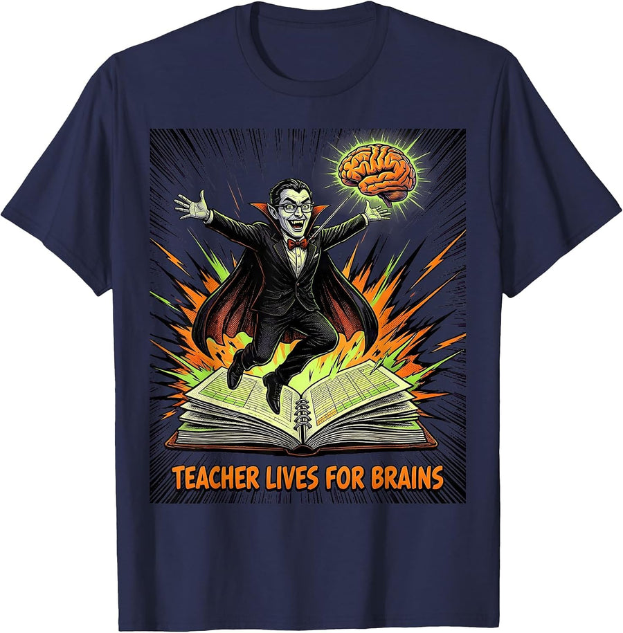 Teacher Lives For Brains Comic Book Funny Teacher Halloween T-Shirt - Navy Blue