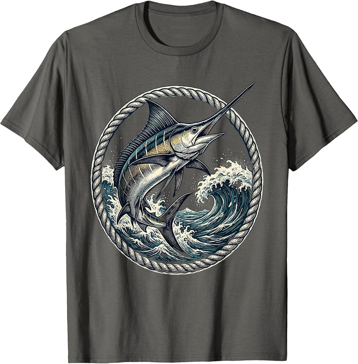 Caribbean Swordfish Leaping Ocean Waves Graphic T-Shirt - Asphalt Grey