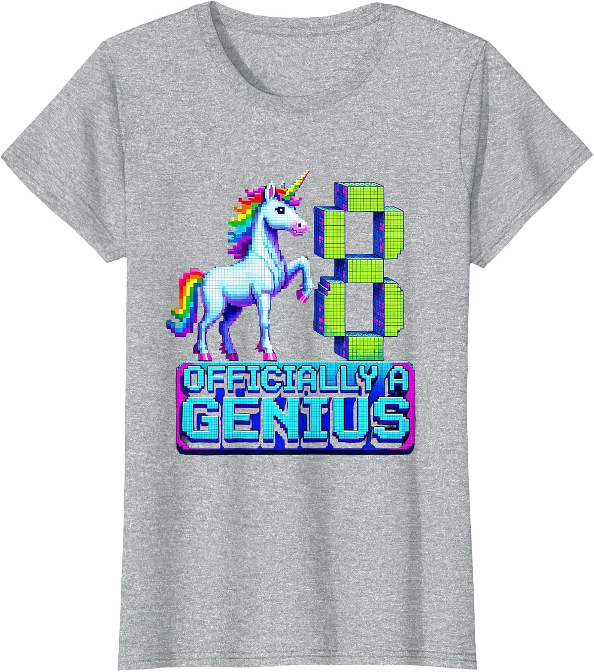 Officially A Genius Pixel Art Unicorn Birthday Girl Party T-Shirt - Heather Grey