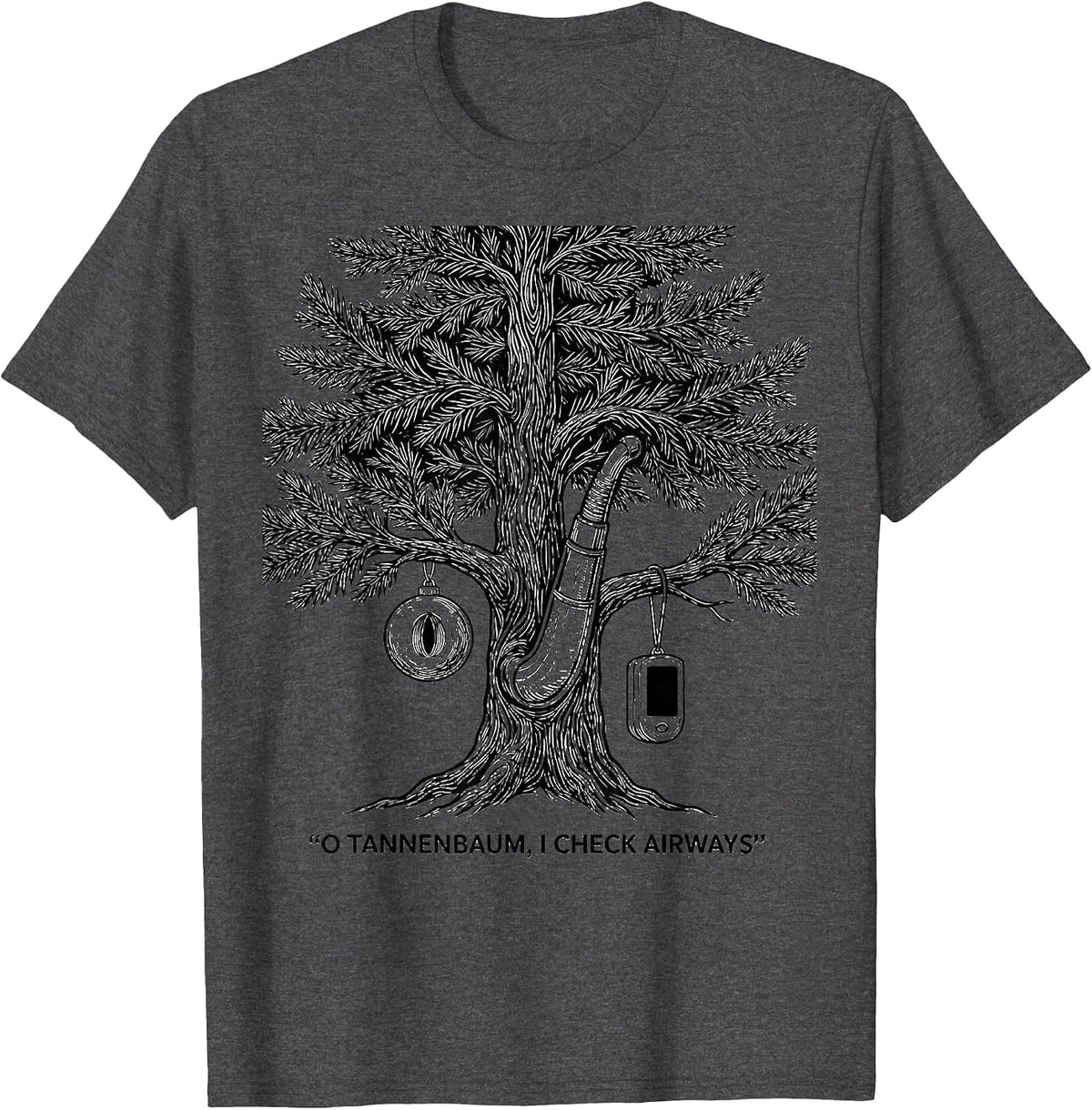 Men's O Tannenbaum I Check Airways Funny Respiratory Therapist T-Shirt - Dark Heather Grey