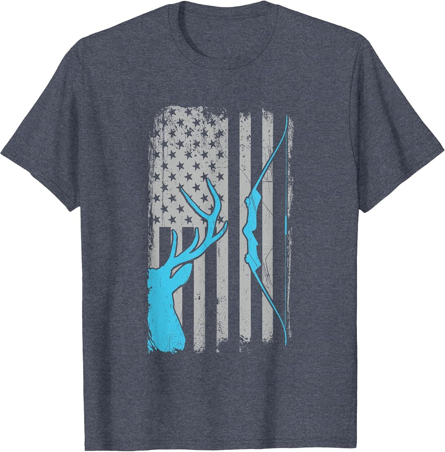 Recurve Bow Hunting - Whitetail Deer Hunter Archer USA Flag T-Shirt - Heather Blue