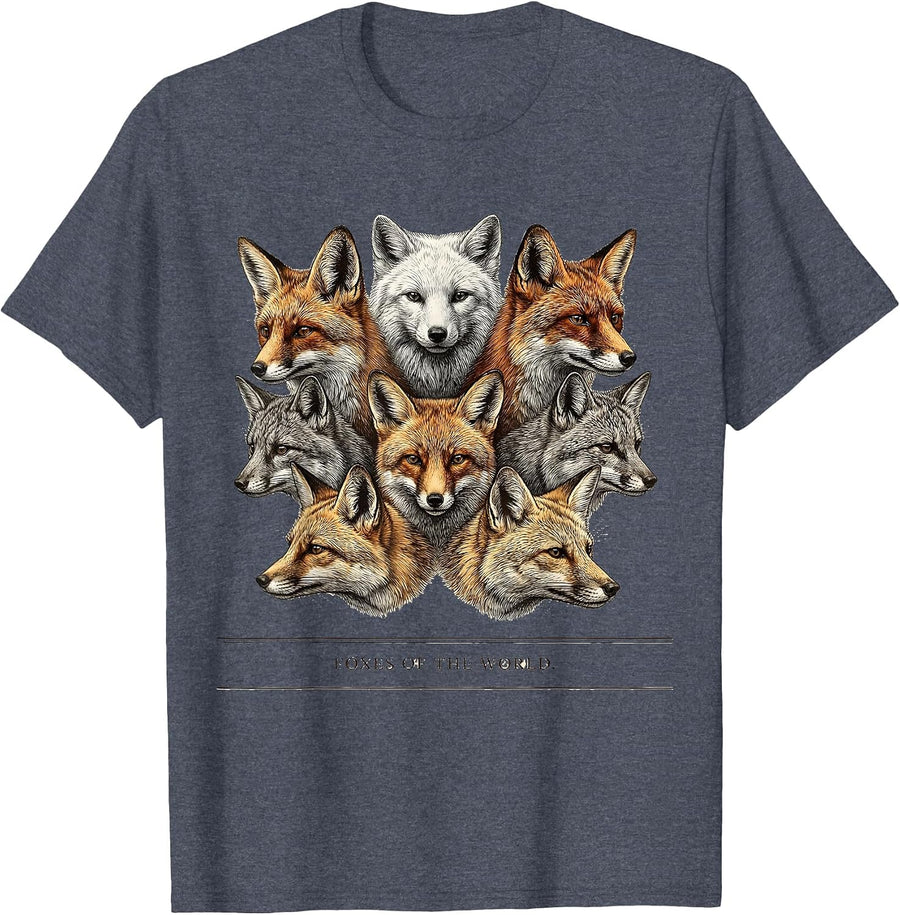 Foxes Of The World Crosshatch Etching Animal Lover Gift T-Shirt - Heather Blue