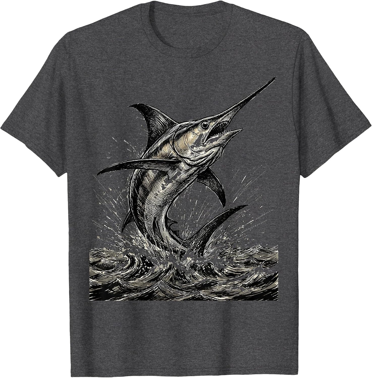 Muscular Swordfish Breaching Ocean Surface T-Shirt - Dark Heather Grey