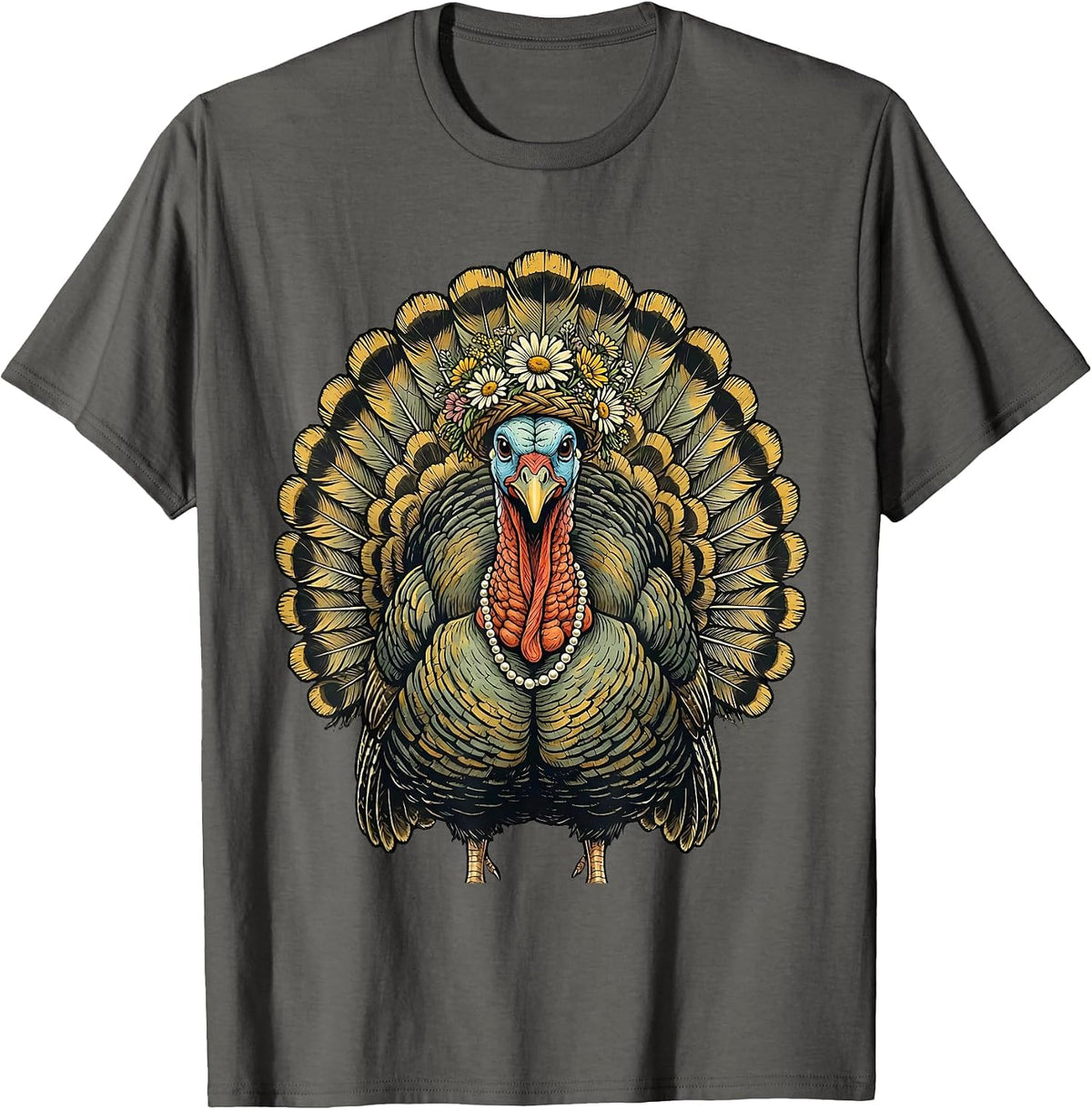 Floral Crown Turkey with Pearls Illustration T-Shirt - Asphalt Grey