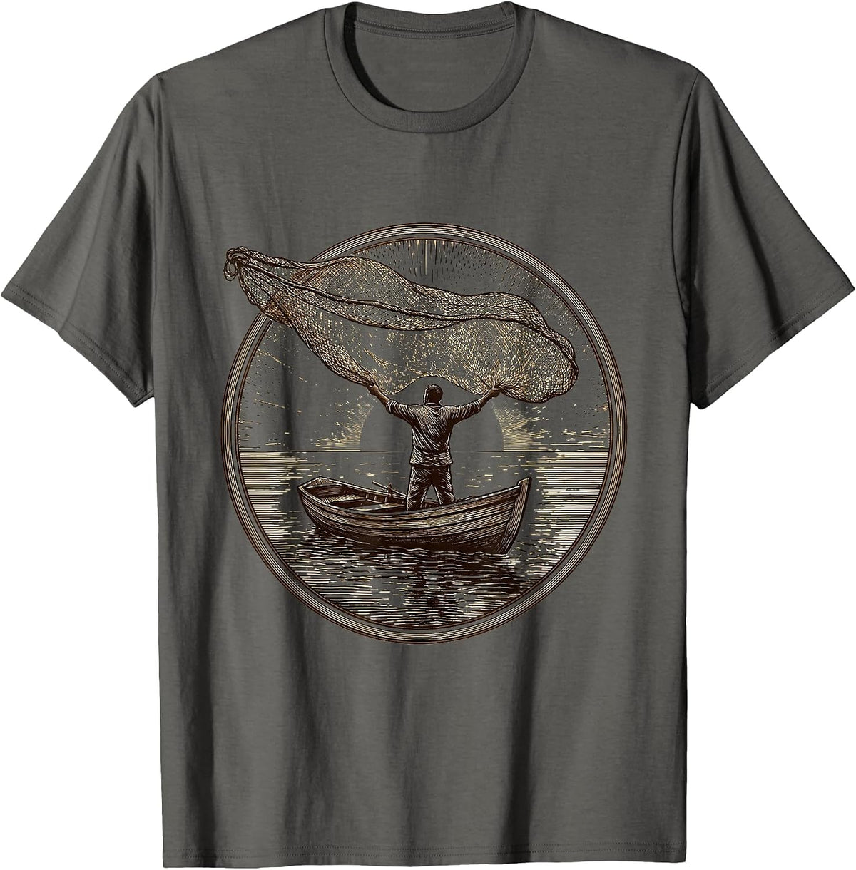 Jesus Saves Fisherman Casting Net Sunrise Sea T-Shirt - Asphalt Grey