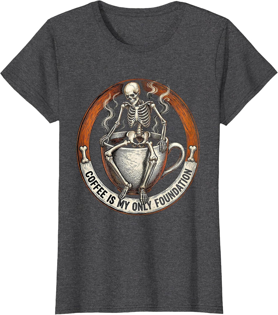 Women's Coffee Is My Only Foundation Whimsical Dry Humor Halloween T-Shirt - Dark Heather Grey