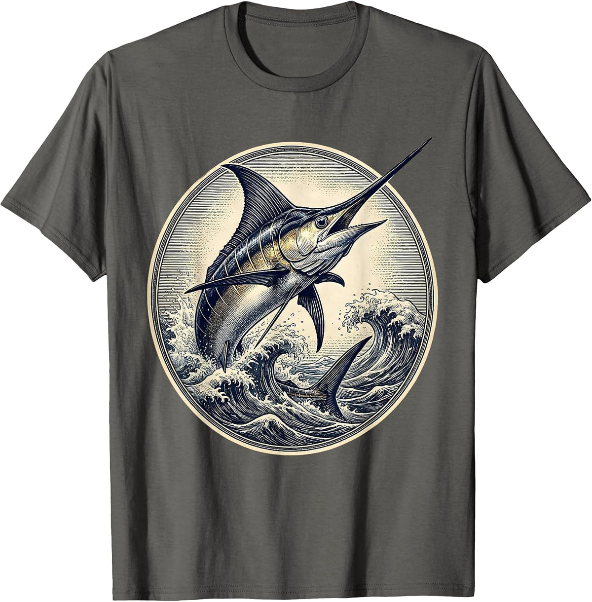 Giant Marlin Breaching Ocean Waves Fishing Design T-Shirt - Asphalt Grey